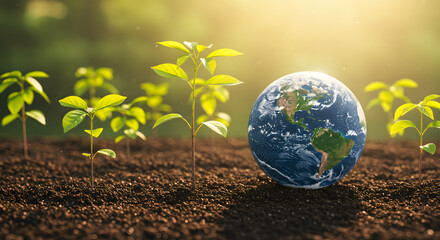 Global Green Growth: Earth Globe and Vibrant Young Plants in Fertile Soil, Symbolizing Environmental Sustainability and Future Hope