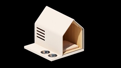 Modern minimalist dog house with food bowls on black background design