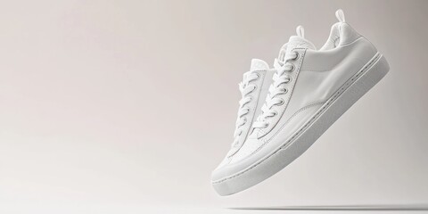 A pair of white leather sneakers is presented against a gradient background, with a dark shadow in the background and a soft, light gradient in the foreground. 
