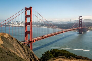 Naklejka premium Gorgeous view of the Golden Gate Bridge in San Francisco, Busy traffic highway, and Highway stock view of an airplane
