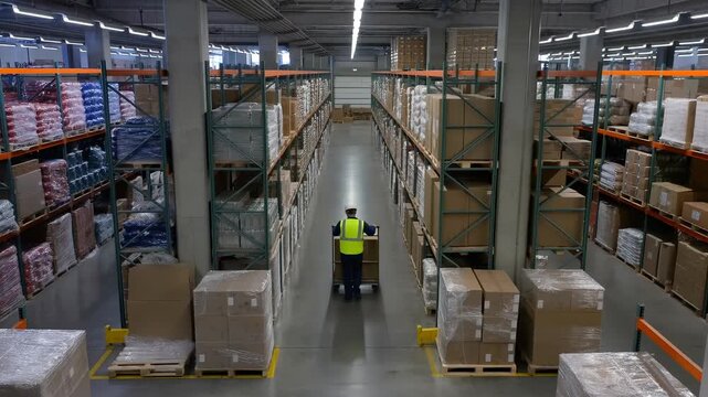 Warehouse worker wearing a safety vest and helmet pushes a pallet jack loaded with boxes through a large distribution warehouse with tall shelves stocked with goods