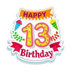 Fototapeta premium Happy 13th birthday badge with stars and confetti