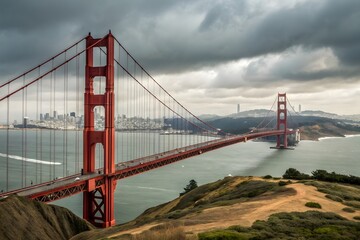Fototapeta premium Gorgeous view of the Golden Gate Bridge in San Francisco, Busy traffic highway, and Highway stock view of an airplane