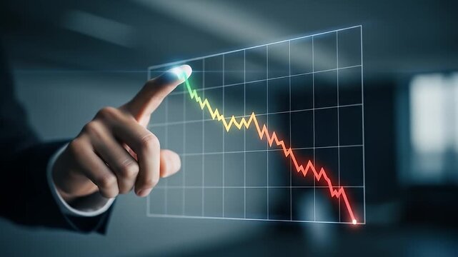 Human Hand Touching Decreasing Digital Chart Against Blurred Blue Background Illustrating Financial Downturn