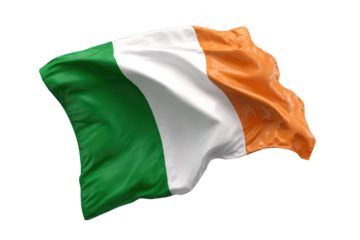Irish flag waving, three vertical bands of green, white, and orange. Isolated on black