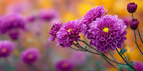 Obraz premium Purple chrysanthemums bloom in the garden. Bright, vivid colors. Autumn background.