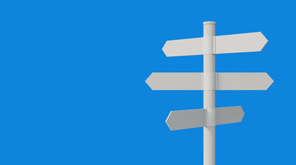 Direction road signs or arrow isolated on blue background. Blank roadsign mockup business concept. Direction sign, choice signpost or travel destination concept.