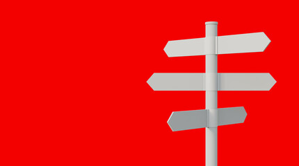 Direction road signs or arrow isolated on red background. Blank roadsign mockup business concept. Direction sign, choice signpost or travel destination concept.