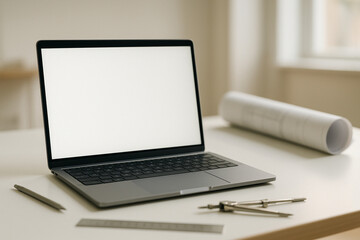Modern architect's desk with a blank laptop screen mockup, template for web design and creative project presentations.