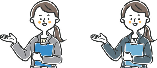 ファイルを持ち案内をする女性会社員　上半身　ベクター