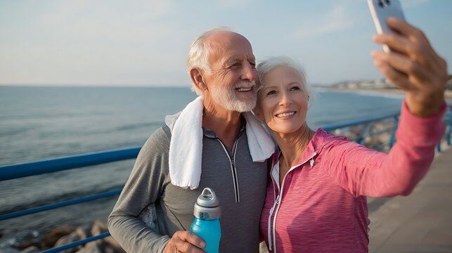 Senior couple taking selfie after workout by the sea healthy lifestyle active seniors fitness motivation - Powered by Adobe