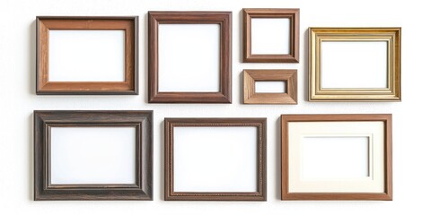 A collection of wooden picture frames is arranged against a black background. The frames vary in color, including brown, gold, and dark brown