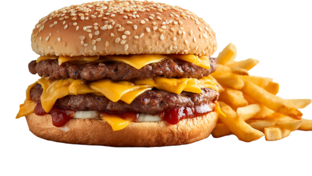 Delicious double cheeseburger with melted cheddar cheese and french fries - Powered by Adobe