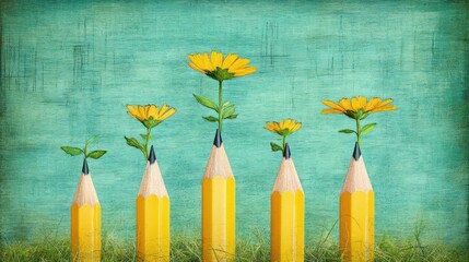 Creative concept of education growth with pencils and blooming flowers as inspiration