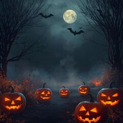 Fototapeta premium Halloween Background with Glowing Pumpkins, Bats, Autumn Leaves, and Spooky Night Atmosphere