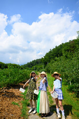 農園でブルーベリー狩りを楽しむ麦わら帽子の女の子