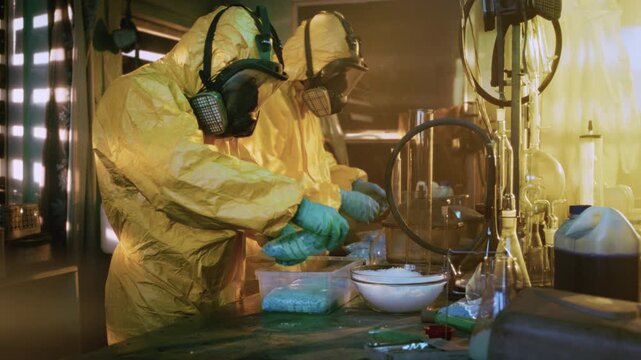 In the Underground Drug Laboratory Two Clandestine Chemists Covered in Protective Coveralls and Gas Masks Mix Chemicals to Synthesise Drugs. They Work in the Abandoned Building.