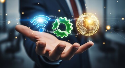 A person holding digital icons of wifi, gear, and globe in their hand with a blurred background
