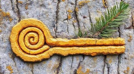 A uniquely crafted golden spiral key resting on aged bark symbolizing access to nature