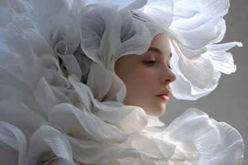 Women's fashion portrait decorated with soft organic-shaped sculptures, fine structure, white, like petals, covering the head and shoulders, resembling a blooming flower with a calm and graceful face