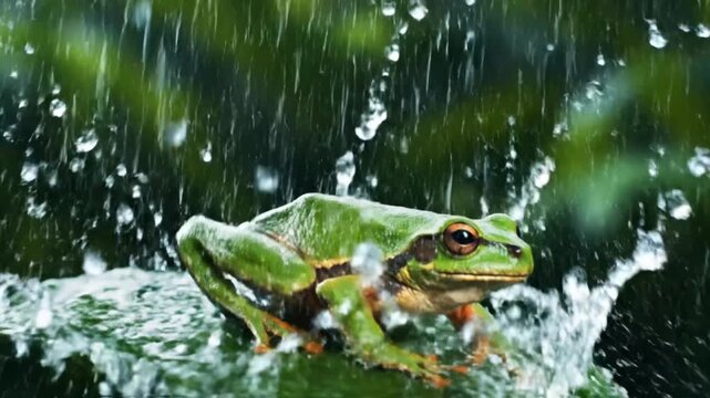 Vibrant green tree frog perched on a leaf, amidst a refreshing downpour, with water droplets splashing around, showcasing the resilience of nature's amphibious creatures.