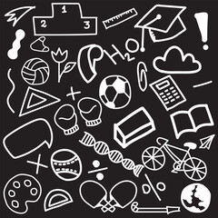 Hand drawn school and education doodle icons. Collection of white doodle icons on black background showing education, sports, science, art, and learning symbols for school and study themes.
