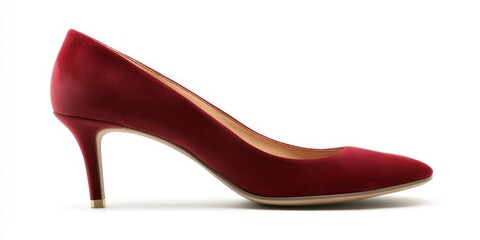 A single, elegant, red suede pump shoe is presented against a stark white background. The shoe features a pointed toe, a classic stiletto heel with a gold cap, and a smooth, velvety texture. 