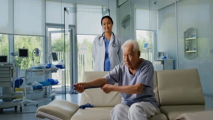 Senior man undergoing hand physiotherapy exercises with the support of a female doctor in a modern hospital room, promoting recovery and well being