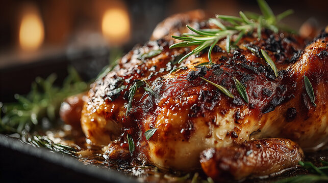 Delicious baked chicken with a crispy golden crust, garnished with fresh rosemary sprigs.
