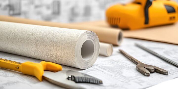 A close-up shot of wallpaper rolls, a yellow utility knife, a cutting mat, and a pair of scissors arranged on a blueprint background. The wallpaper is a light beige color with a subtle pattern.