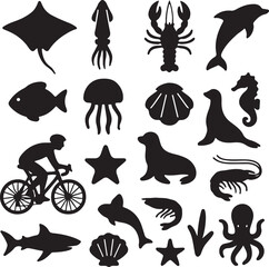 creative Mixed Silhouette Vector Set Ocean Animals and Cycling