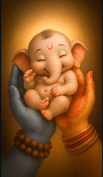 Sacred moment of baby Ganesha embraced by Lord Shiva and Parvati