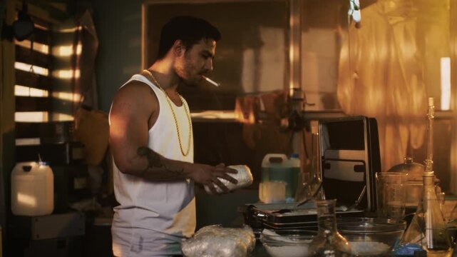 In the Underground Laboratory Hardcore Smoking Dealer Places Brick Packs with Drugs Into Suitcase for Further Selling and Distribution. He Squats in the Abandoned Building with Boarded Up Windows. 