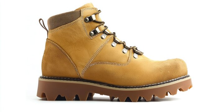 A pair of tan leather hiking boots sits on a white surface. The boots have a thick, brown rubber sole with a prominent tread pattern. They feature laces, a padded collar, and stitching details.