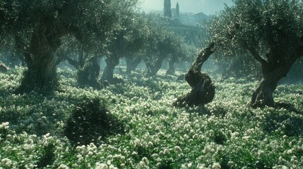 Mystical Olive Grove with Blossoming Flowers and Distant Medieval Cityscape Creating an Enchanted