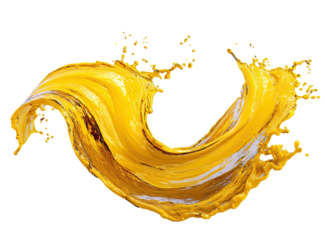 A dynamic, golden-yellow liquid splash, swirling and flowing in a graceful arc against a black background.  The splash texture shows detail of the liquid's movement and impact