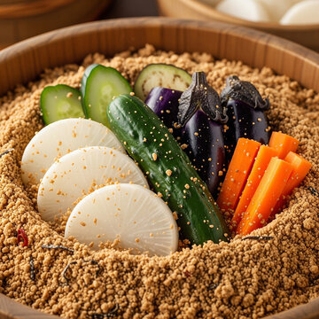 Traditional Japanese cuisine - Nukazuke pickle bowl, variety of fresh vegetables, including sliced daikon radish, cucumber, eggplant, and carrots, with fermenting mixture of rice bran - nuka. 