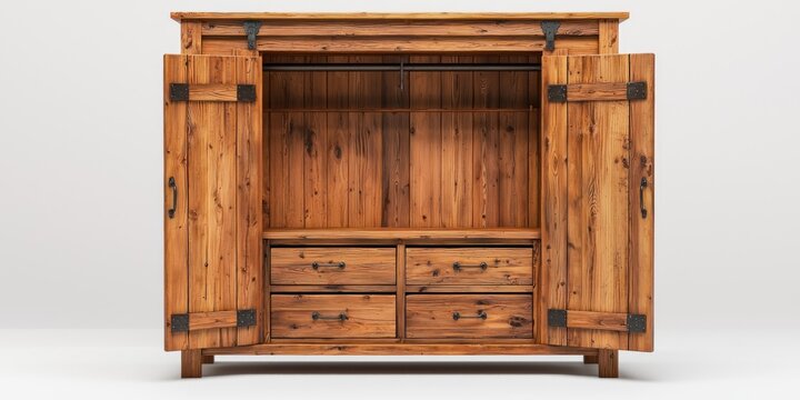 A rustic wooden wardrobe stands against a plain white background. The wardrobe is constructed from warm-toned wood with visible wood grain and knots. 