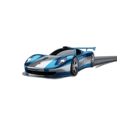 Obraz premium Sleek blue racing car with dynamic motion streaks capturing speed and performance on a dark canvas isolated on transparent background