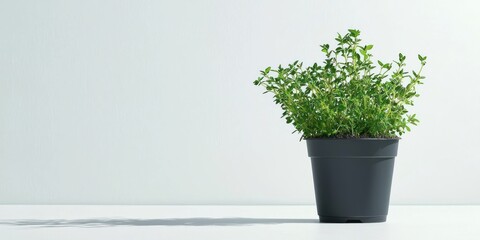A small, green plant sits in a dark gray plastic pot on a white surface. The plant has several small leaves and branches.