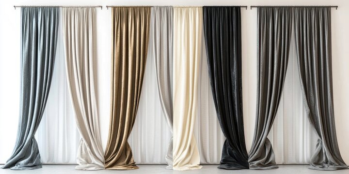 A row of five luxurious curtains hangs on a white wall. The curtains are in various shades of gray, beige, and black, showcasing different textures and folds. 
