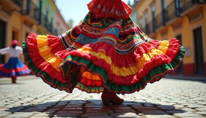 Bottom view of bright traditional mexican dance attire ruffled skirt on cobblestone street. Woman dances during Cinco de Mayo celebration, vibrant folk costume. Colorful fabric, cultural artistry,