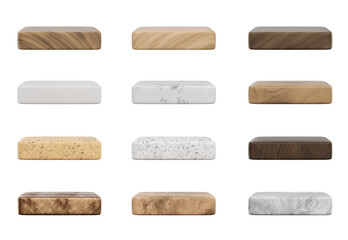 Square Podium in various material styles set pack isolated background 3d rendering	
