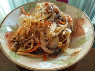 Homemade Korean Japchae with Vegetables and Glass Noodles