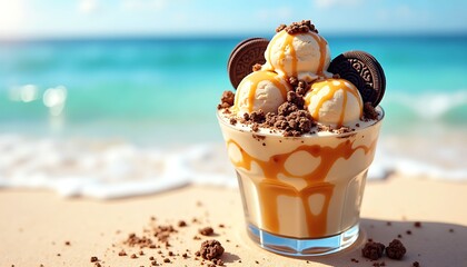 Beachside Ice Cream Delight: A refreshing ice cream sundae, brimming with rich flavors and textures, sits serenely on a sun-kissed beach, overlooking the tranquil sea.