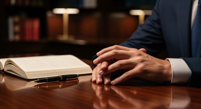Lawyers Hands on Desk with Book and Pen.