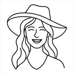 Happy woman with wide-brimmed hat smiling in simple line art style