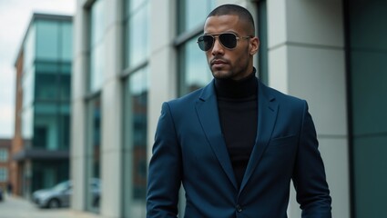 Fototapeta premium A stylish man in a blue suit and dark turtleneck.