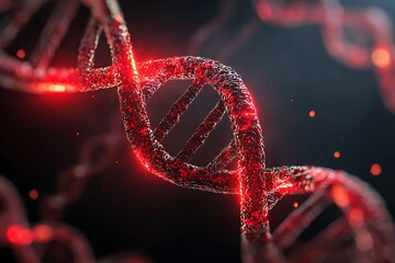 Red DNA strand illustration against a dark background, symbolizing science, genetics, and potential health implications.