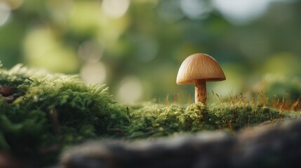 A solitary mushroom stands tall amidst lush green moss, capturing the essence of nature's tranquility in a serene forest setting.